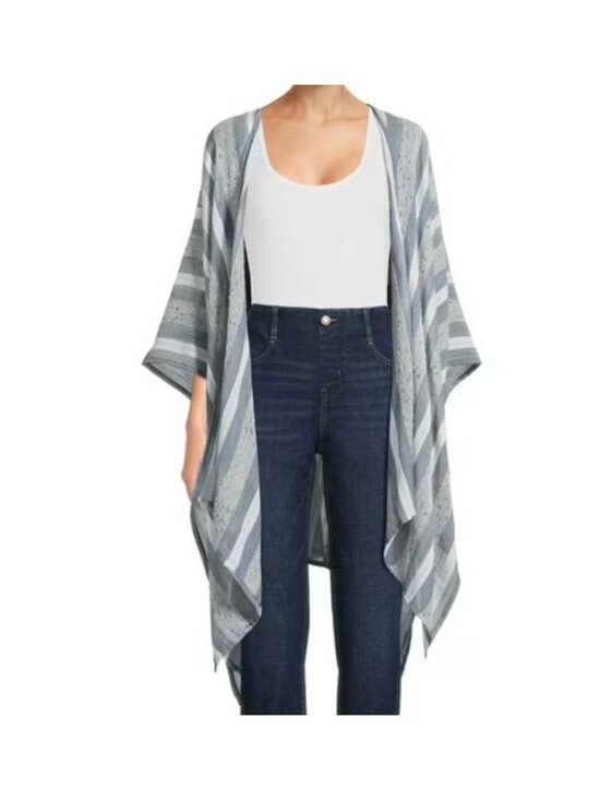 Ann Taylor Factory Tops - Ann Taylor Blue White Striped Lightweight Kimono Poncho Cardigan Cover Up Coasta